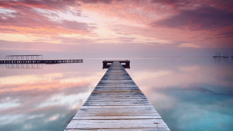 Испания, 5k, 4k, розовое, небо, облака, океан, мост, отражение (horizontal)