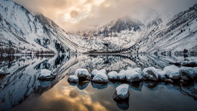 Озеро Конвикт, 4k, HD, гора Моррисон, штат Калифорния, Горы, озеро, река, закат, лед, снег (horizontal)