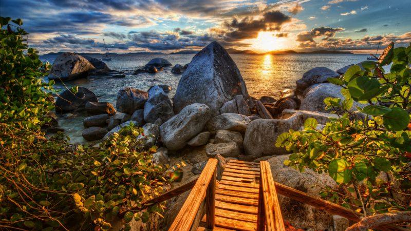Море, 4k, HD, солнце, закат, камни, природа (horizontal)