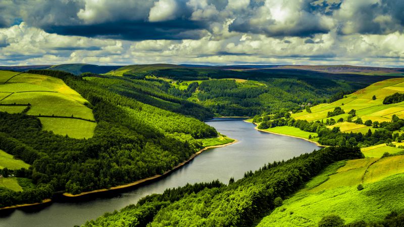 Великобритания, 4k, HD, холмы, река, деревья, небо (horizontal)