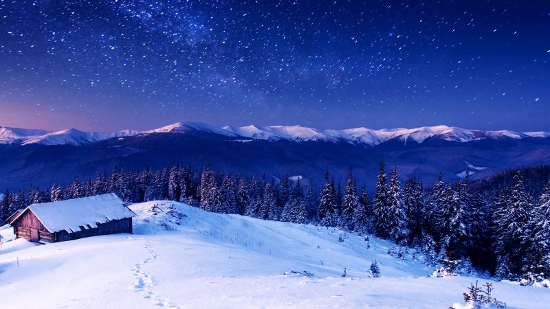 Горы, 5k, 4k, 8k, ночь, звезды, деревья, небо, снег (horizontal)