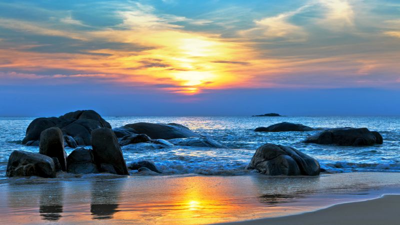 Море, 5k, 4k, 8k, Тихий океан, Лучшие пляжи мира, берег, камни, закат (horizontal)
