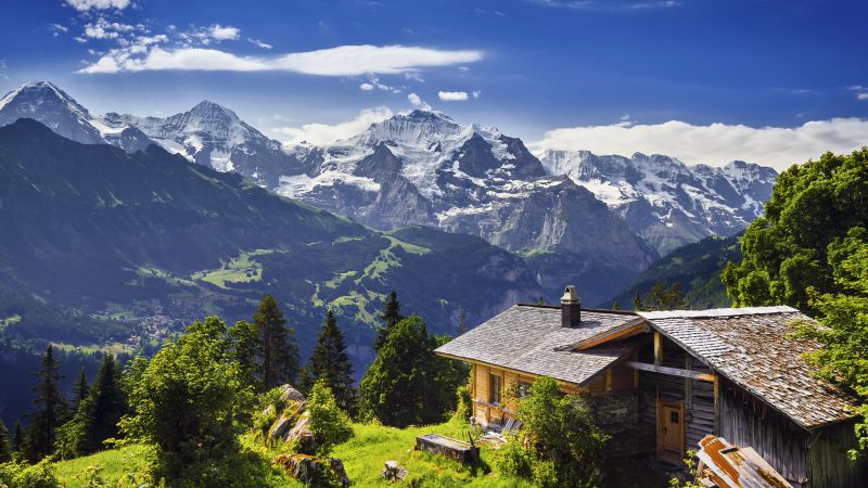 Швейцария, 5k, 4k, 8k, горы, небо, дом (horizontal)