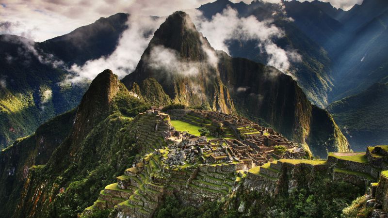 Мачу-Пикчу, 5k, 4k, Перу, горы, облака, холмы (horizontal)