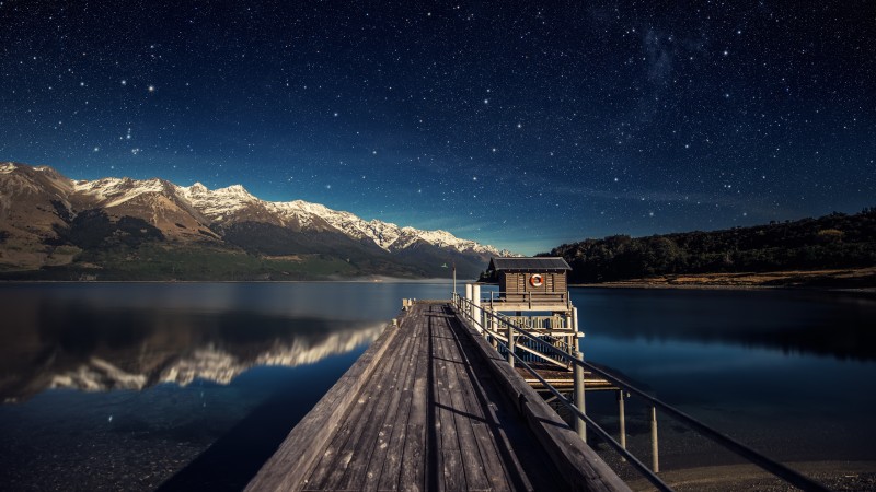 ночное небо, 5k, 4k, звезды, горы, мост, Новая Зеландия (horizontal)