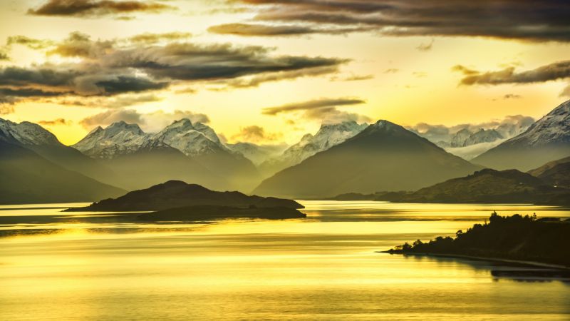 Новая Зеландия, 5k, 4k, Горы, озеро, закат (horizontal)