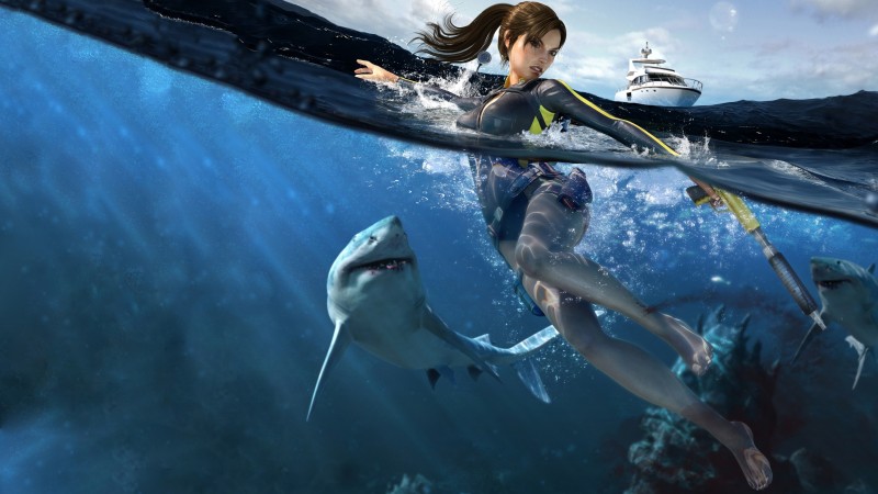 Лара Крофт, Томб Рейдер, акула, под водой, охота, иллюстрация, яхта (horizontal)