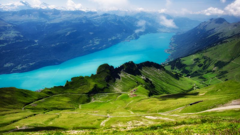 Швейцария, 5k, 4k, Альпы, горы, луга, озеро (horizontal)