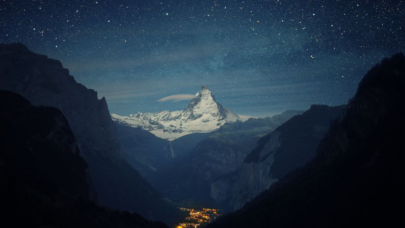 Швейцария, 4k, 5k, Альпы, горы, звезды, ночь (horizontal)