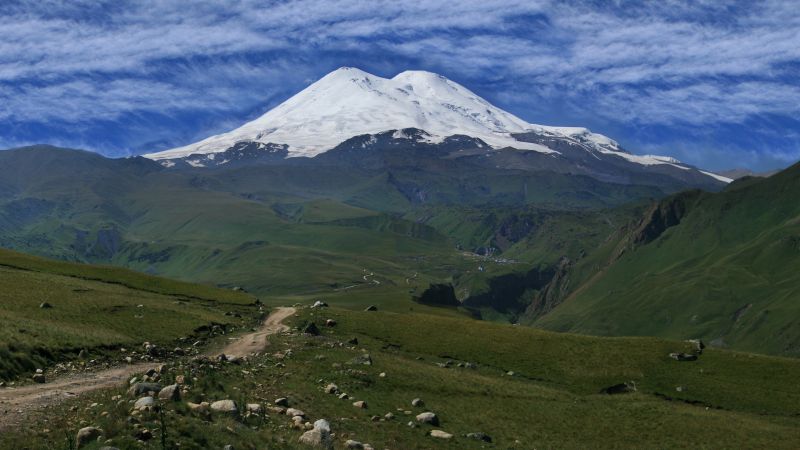 Эльбрус, 5k, 4k, Кавказ, горы, вулкан, небо, луг (horizontal)