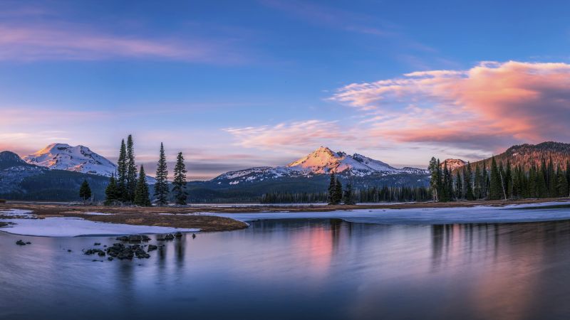 Озеро Спаркс, 5k, 4k, 8k, штат Орегон, США, горы, озеро, деревья, облака (horizontal)