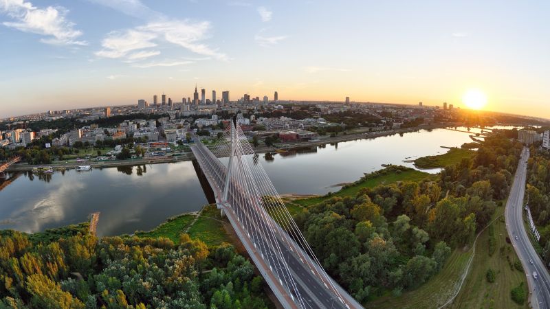 Варшава, 5k, 4k, Польша, Висла, река, мост, закат, деревья (horizontal)