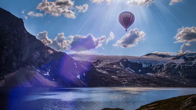Норвегия, 4k, 5k, 8k, воздушный шар, озеро, горы, облака (horizontal)