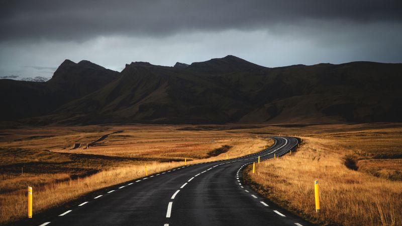 Исландия, 4k, 5k, дорога, горы, облака (horizontal)