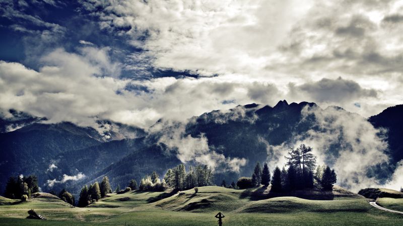Тироль, 5k, 4k, 8k, Австрия, горы, луга, облака (horizontal)