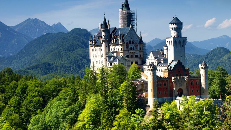 Замок Нойшванштайн, Бавария, Германия, Альпы, горы, замок, путешествия, туризм (horizontal)