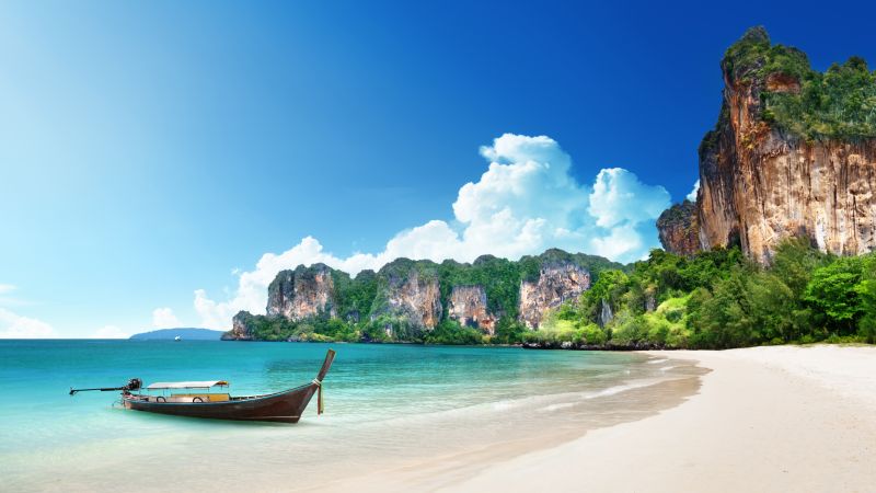 Таиланд, 5k, 4k, 8k, пляж, берег, лодка, скалы, путешествия, туризм (horizontal)