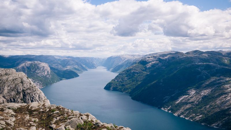 Норвегия, 5k, 4k, река, горы, облака (horizontal)