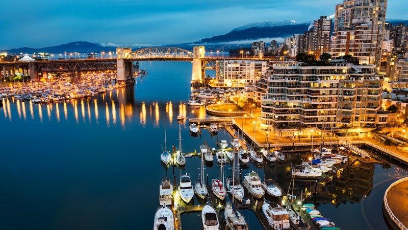 Ванкувер, утро, остров, канада, ночь, огни, лодки, синий, вода, море (horizontal)