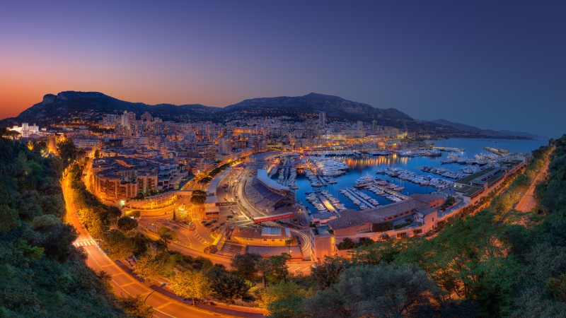 монако, принципалити, ночь, небо, свет, лодки, яхты, город, путешествие, море, океан, сумерки, дороги, гавань (horizontal)