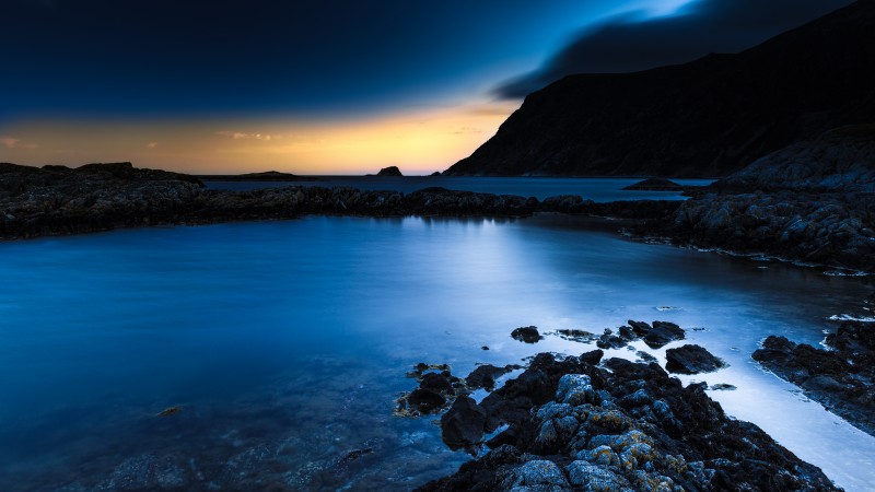 норвегия, 4k, HD, синий закат, море, океан, вода, облака, небо, скалы, рассвет (horizontal)