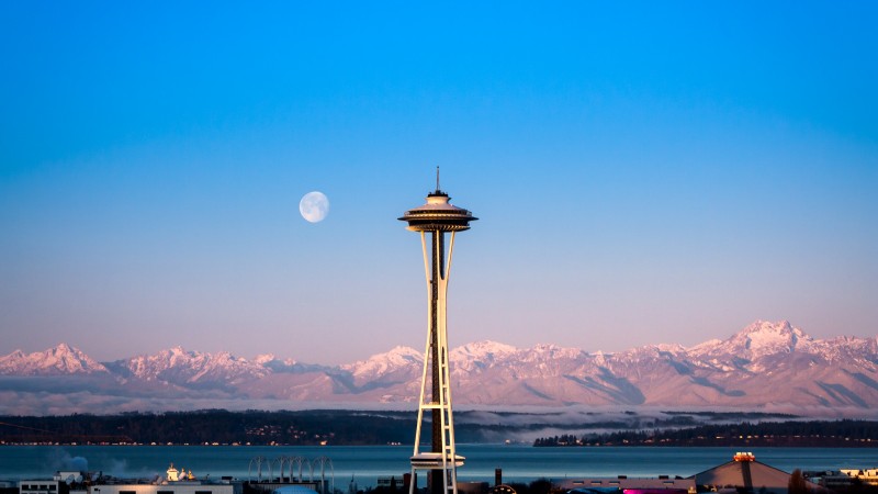 Сиетл, Сиэтл, рассвет, море, океан, вода, утро, луна, розовый, горы, небо (horizontal)