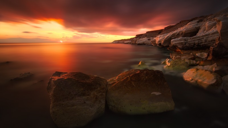 закат, 4k, HD, скалы, море, океан, вода, красный, облака, небо, солнце (horizontal)