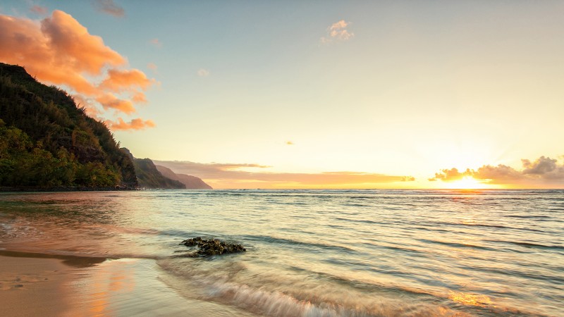 гаваи, 4k, HD, гавайи, пляж, остров, небо, облака, океан, море, вода, рассвет, закат, солнце, скалы (horizontal)