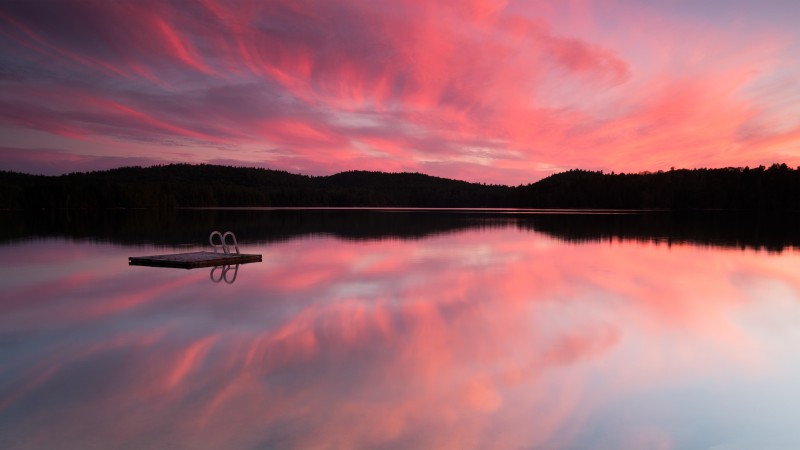 озеро, 4k, HD, море, розовый закат, рассвет, отражение, небо, облака (horizontal)