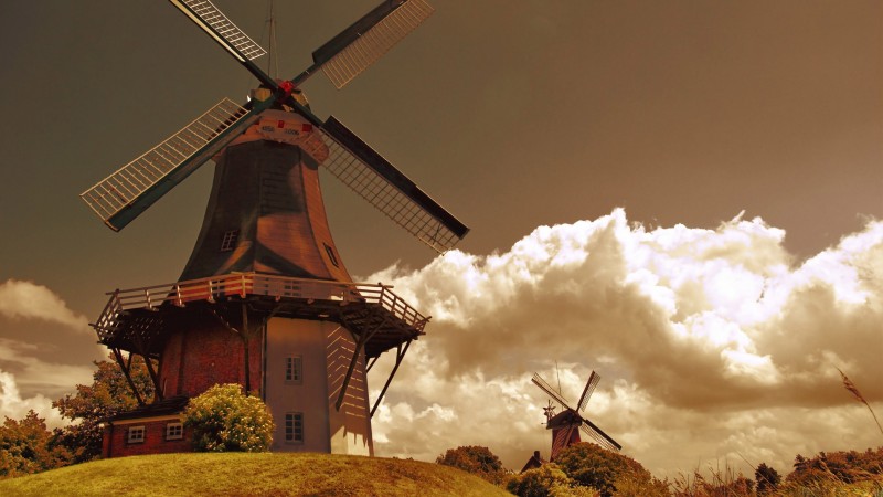 голландия, 4k, HD, мельница, ветер, поле, небо, трава, природа, облака, нидерланды (horizontal)