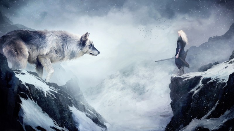 волк, 4k, HD, горы, девушки, животные, зима, рисунок, снег, фэнтези, арт (horizontal)