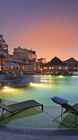 Кабо-Сан-Лукас, курорт, отель, рассвет, закат, бассейн, лежак, свет, путешествие, бронирование (vertical)