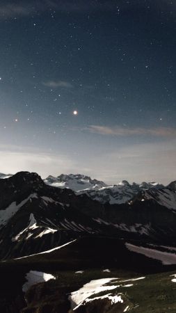 горы, 4k, HD, снег, звезды (vertical)