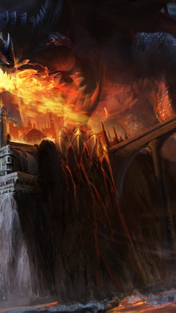 дракон, черный, огонь, замок, мост, лава, дым, фентези, арт (vertical)