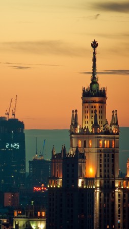 Москва, центр, высотки, закат, путешествие, облака (vertical)