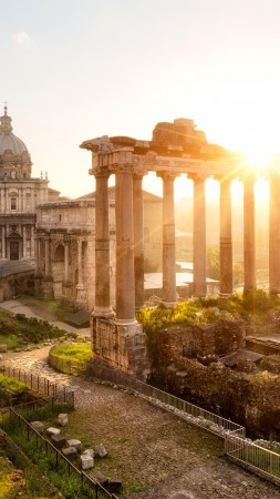 Рим, Италия, Римский форум, площадь, колонны, арка, храм, утро, солнце, рассвет, город, архитектура, достопримечательности (vertical)