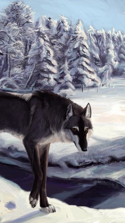 волк, зима, озеро, взгляд, серый, белый, лес, арт, иллюстрация (vertical)