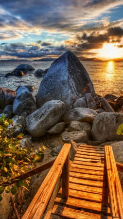 Море, 4k, HD, солнце, закат, камни, природа (vertical)