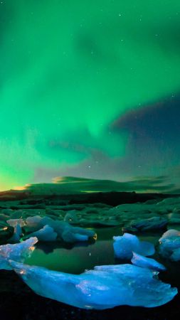 Исландия, 4k, HD, северное сияние, небо, лед (vertical)