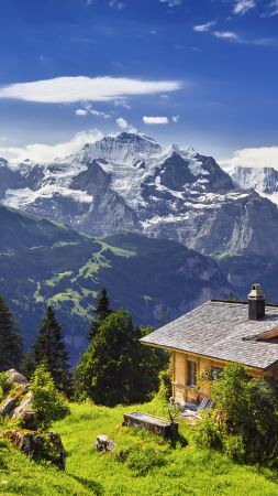 Швейцария, 5k, 4k, 8k, горы, небо, дом (vertical)