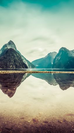 Новая Зеландия, 5k, 4k, Милфорд, горы, река, озеро (vertical)