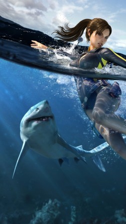 Лара Крофт, Томб Рейдер, акула, под водой, охота, иллюстрация, яхта (vertical)