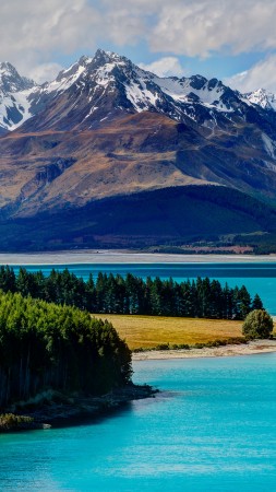 Озеро Текапо, 5k, 4k, остров Южный, Новая Зеландия, путешествии, отдых, бронирование, небо, горы, облака, отпуск (vertical)