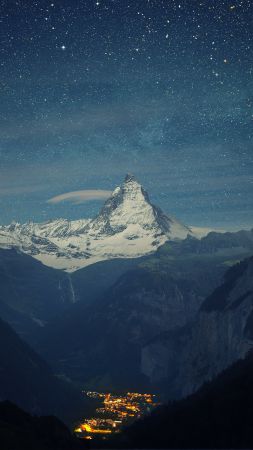 Швейцария, 4k, 5k, Альпы, горы, звезды, ночь (vertical)