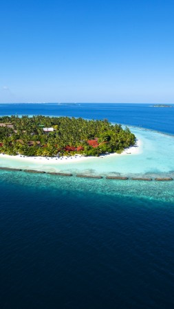 Мальдивские острова, 5k, 4k, отпуск, отдых, путешествие, бронирование, остров, океан, бунгало, пляж, небо (vertical)