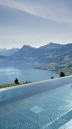 Отель Вила Онег, 5k, 4k wallpaper, 8k, Бюргенштоке, Швейцария, панорамный бассейн, бассейн, путешествия, туризм (vertical)