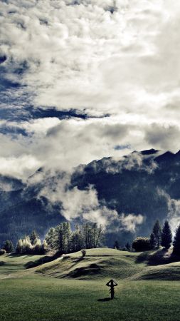 Тироль, 5k, 4k, 8k, Австрия, горы, луга, облака (vertical)