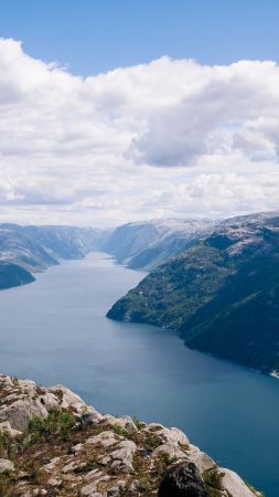 Норвегия, 5k, 4k, река, горы, облака (vertical)