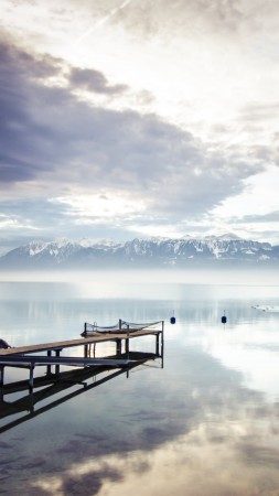 море, 4k, HD, озеро, горы, природа, отражение, вода, белый, облака, небо (vertical)
