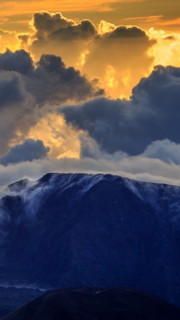 халеакала, 4k, HD, мауи, горы, вулкан, остров, гаваи, облака, небо, рассвет, закат, волшебно, синий (vertical)